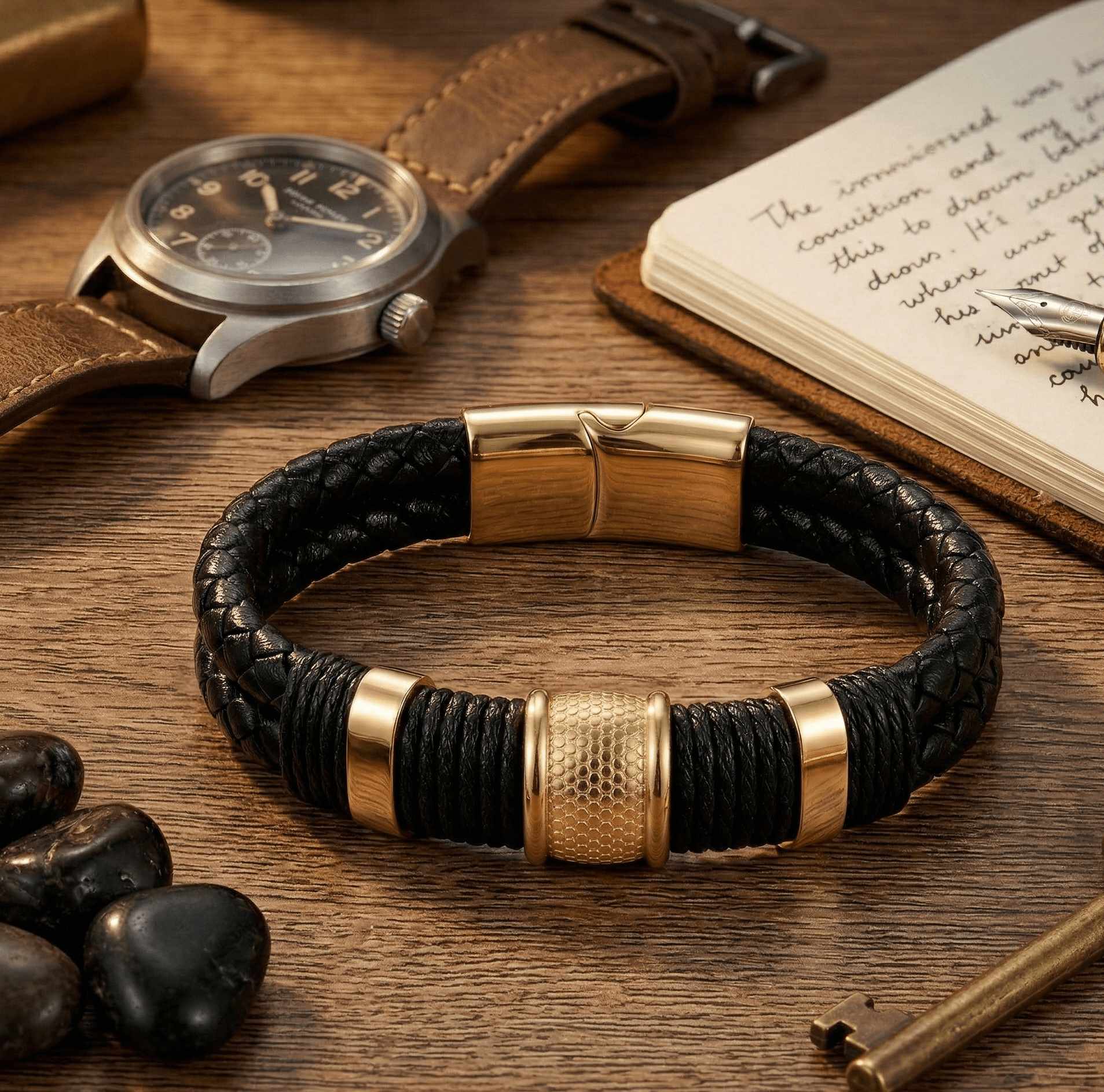 Black & Gold Woven Leather Bracelet with Magnetic Clasp - Karoo Earth
