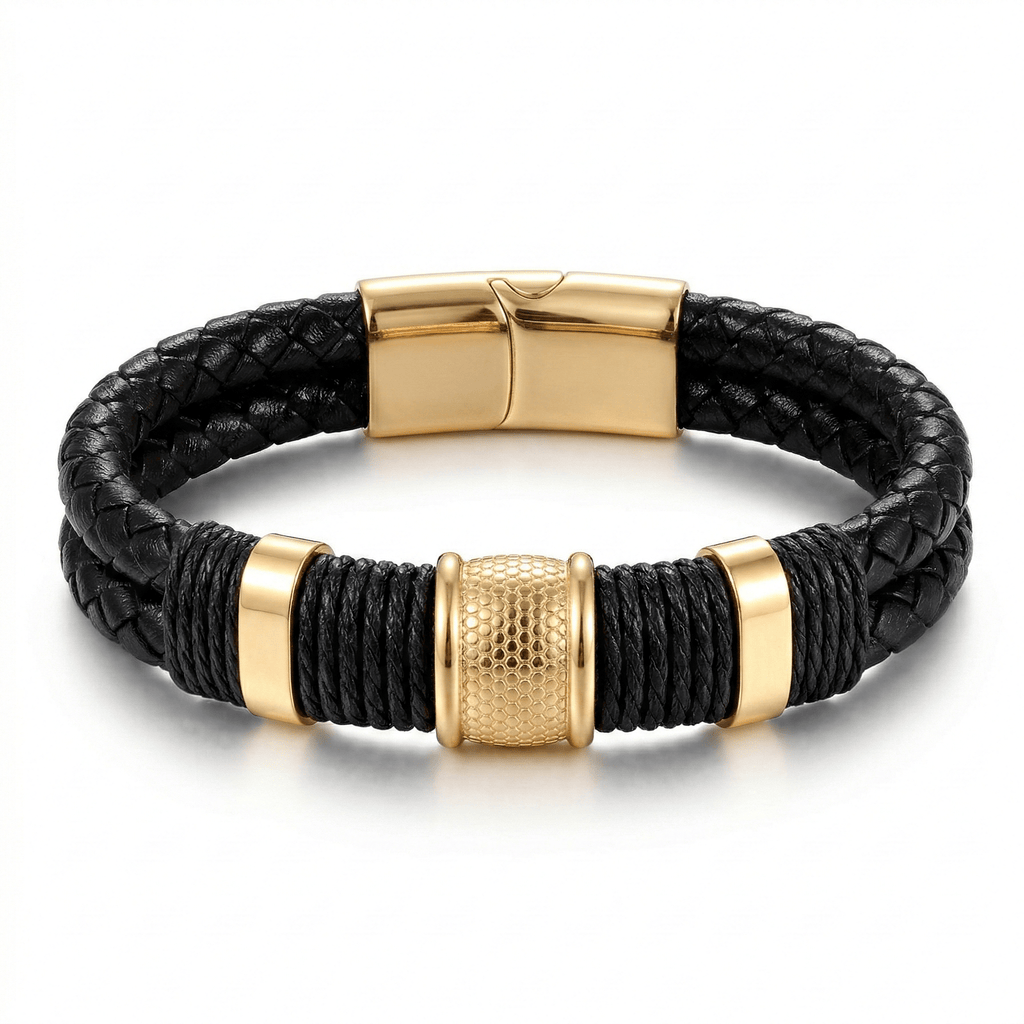 Black & Gold Woven Leather Bracelet with Magnetic Clasp - Karoo Earth