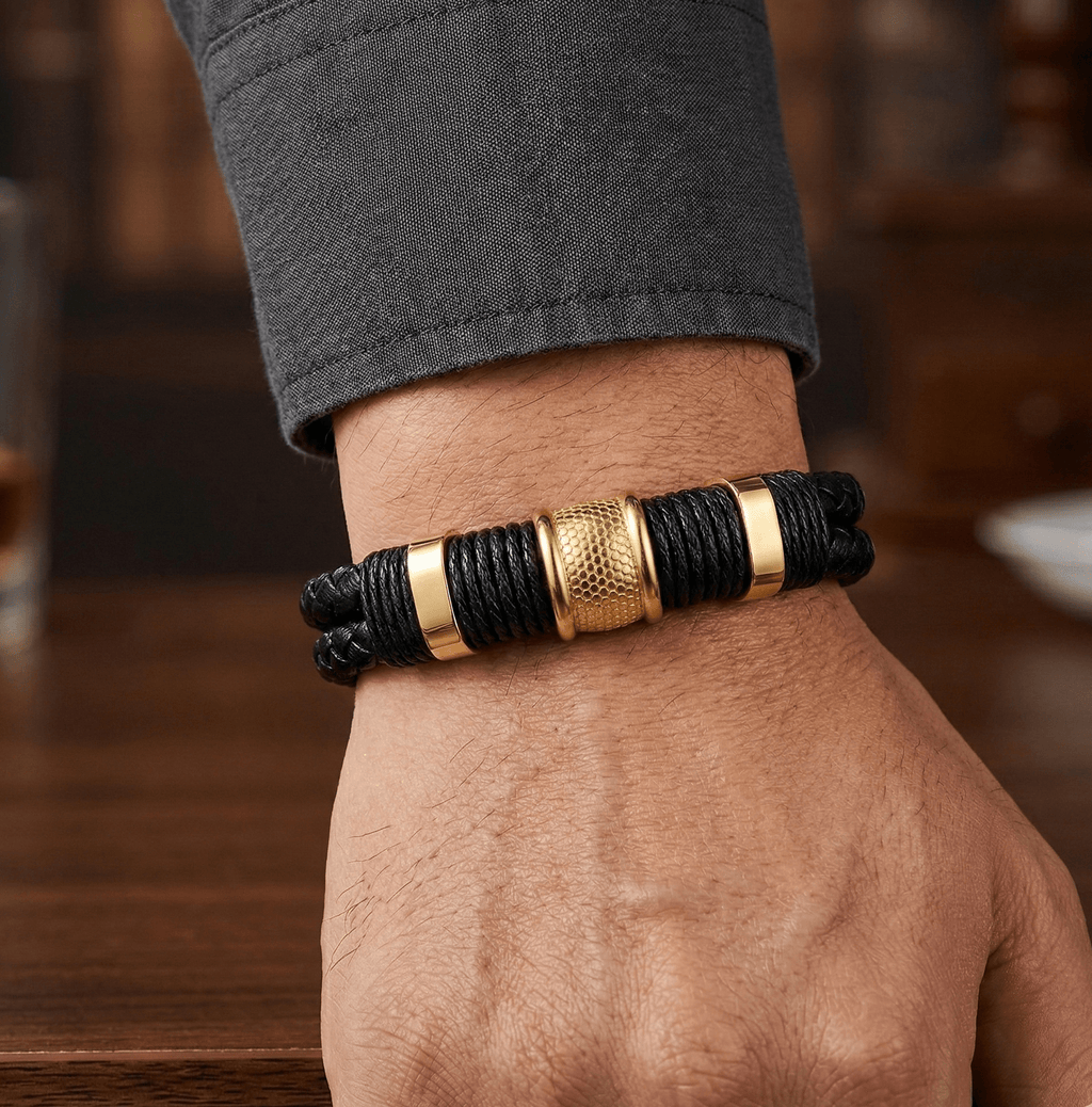 Black & Gold Woven Leather Bracelet with Magnetic Clasp - Karoo Earth