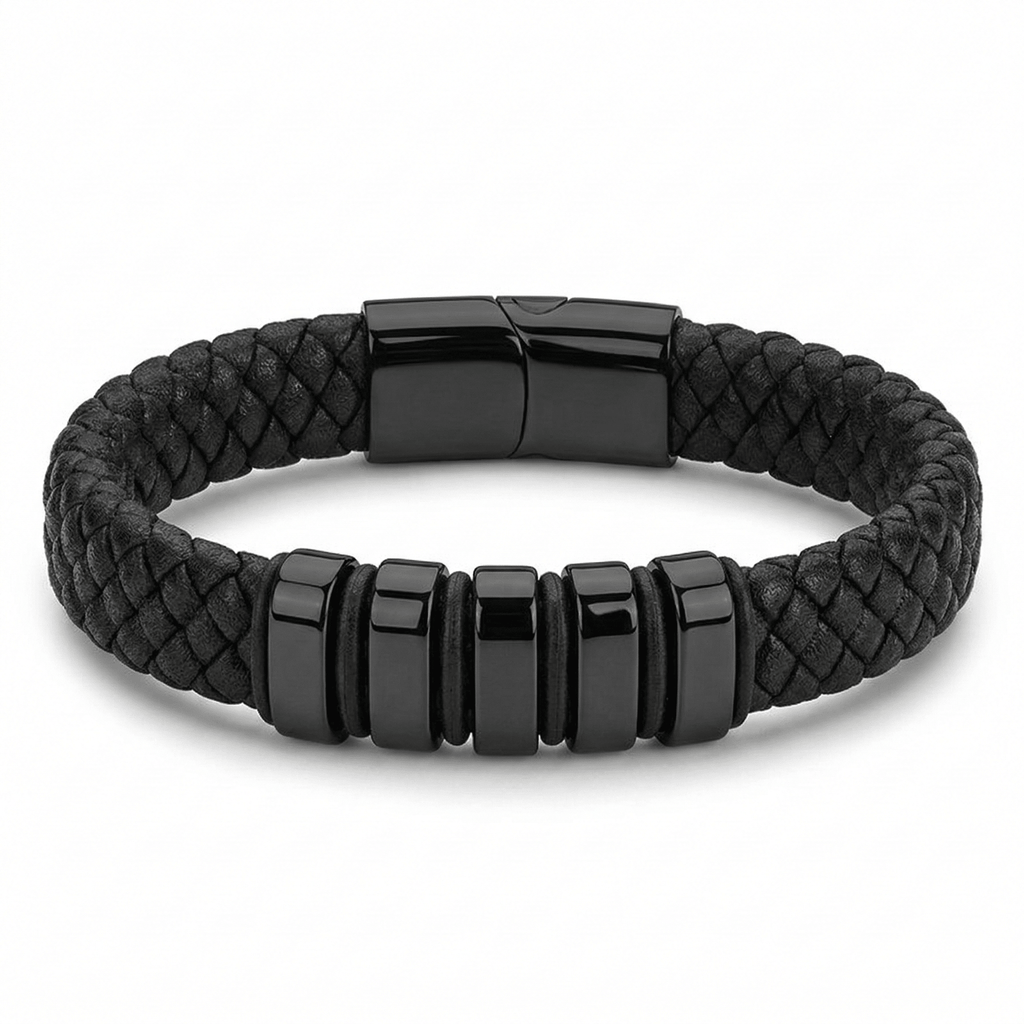 Black Leather Bracelet with extra link & Magnetic Clasp - Karoo Earth