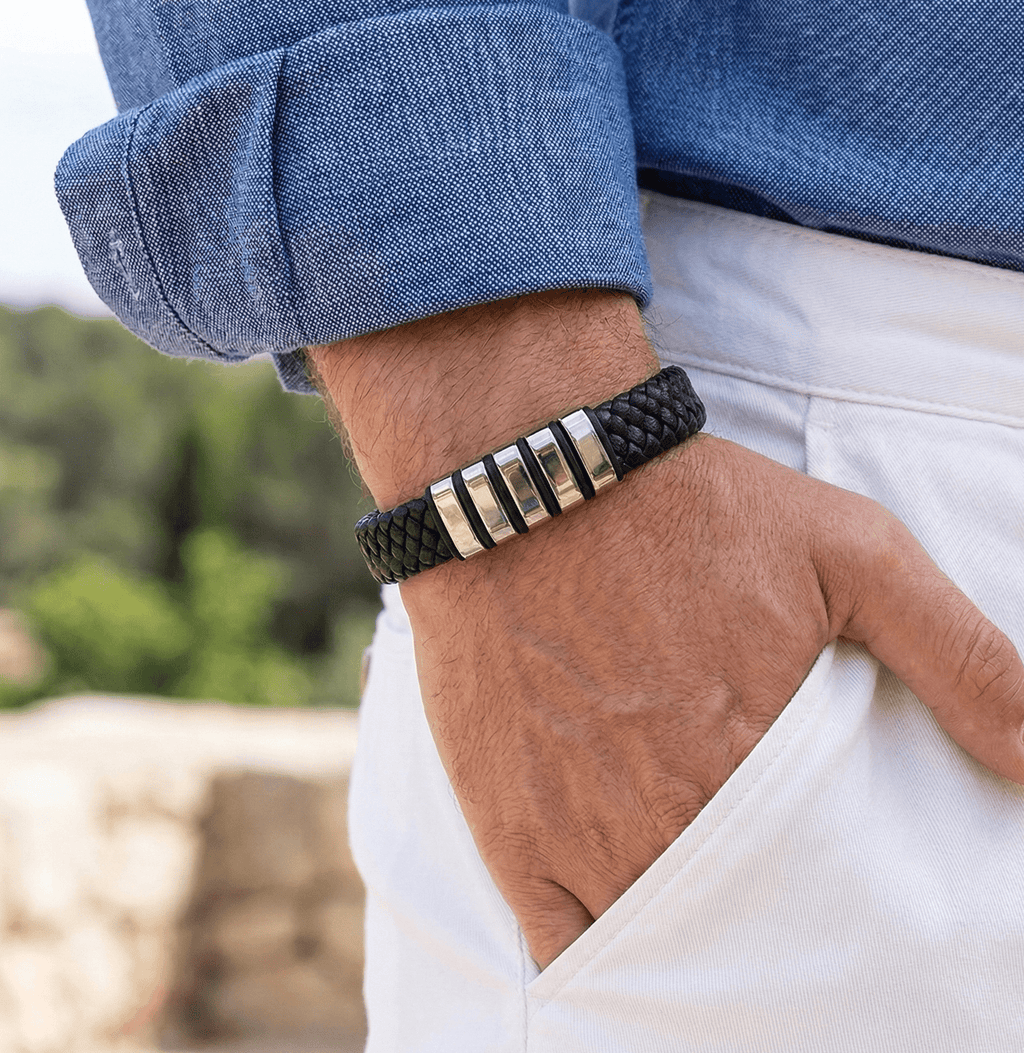Black & Silver Leather Bracelet with extra link & Magnetic Clasp - Karoo Earth
