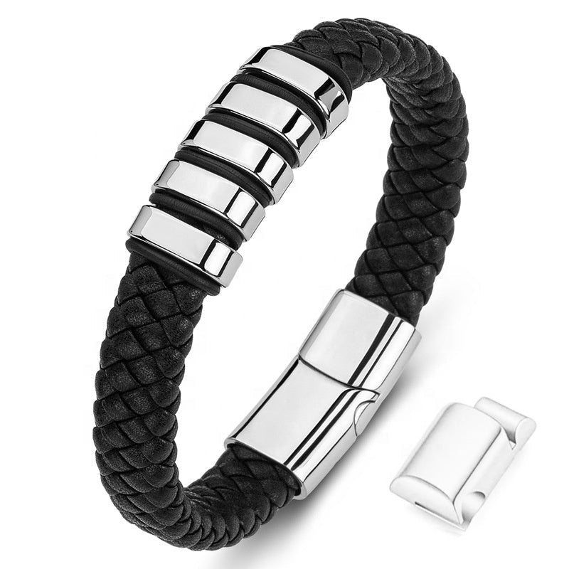 Black & Silver Leather Bracelet with extra link & Magnetic Clasp - Karoo Earth