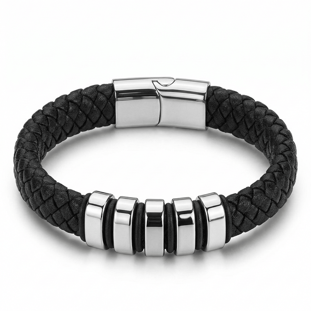 Black & Silver Leather Bracelet with extra link & Magnetic Clasp - Karoo Earth