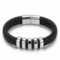 Black & Silver Leather Bracelet with extra link & Magnetic Clasp - Karoo Earth