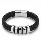 Black & Silver Leather Bracelet with extra link & Magnetic Clasp - Karoo Earth
