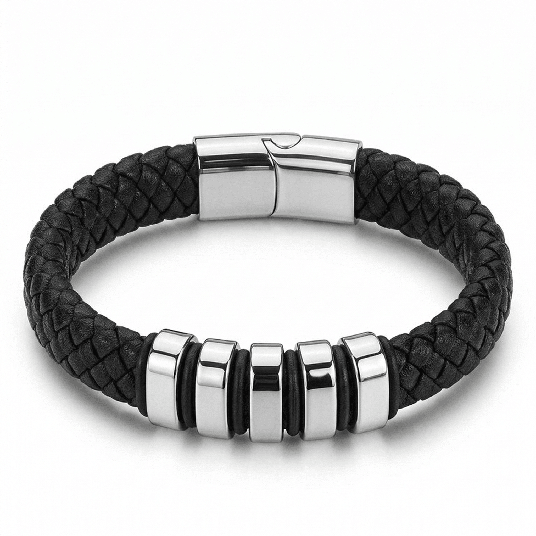 Black & Silver Leather Bracelet with extra link & Magnetic Clasp - Karoo Earth