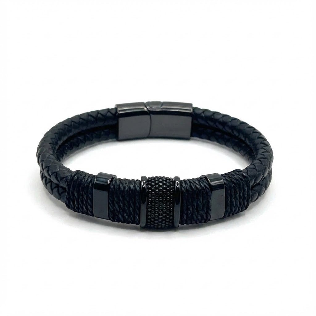 Black Woven Leather Bracelet with Magnetic Clasp - Karoo Earth