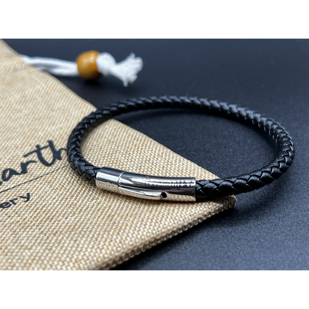 Braided Black Leather Single Bracelet With Stainless Steel Clasp - Karoo Earth