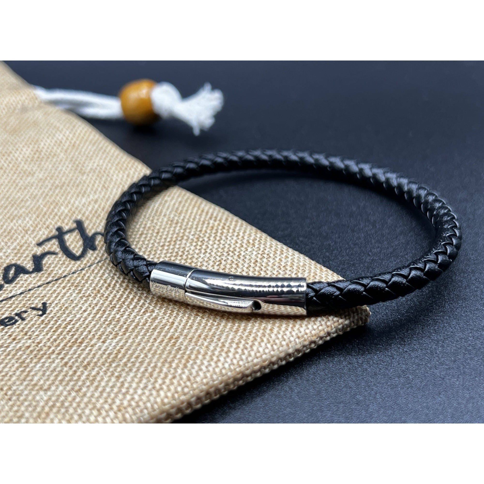 Braided Black Leather Single Bracelet With Stainless Steel Clasp - Karoo Earth