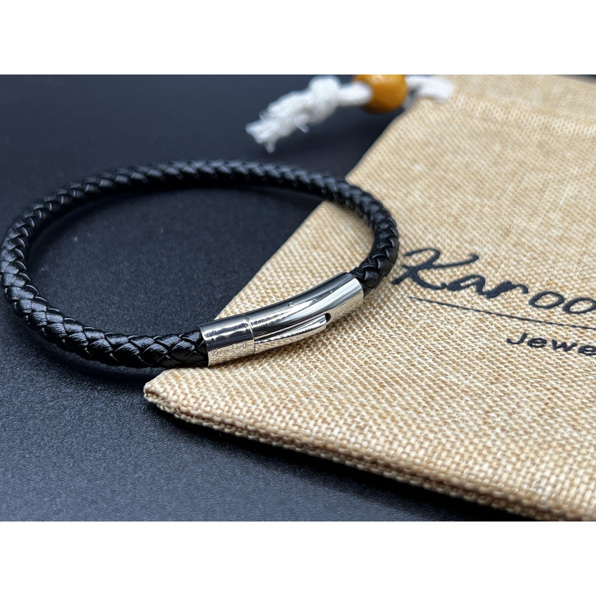 Braided Black Leather Single Bracelet With Stainless Steel Clasp - Karoo Earth