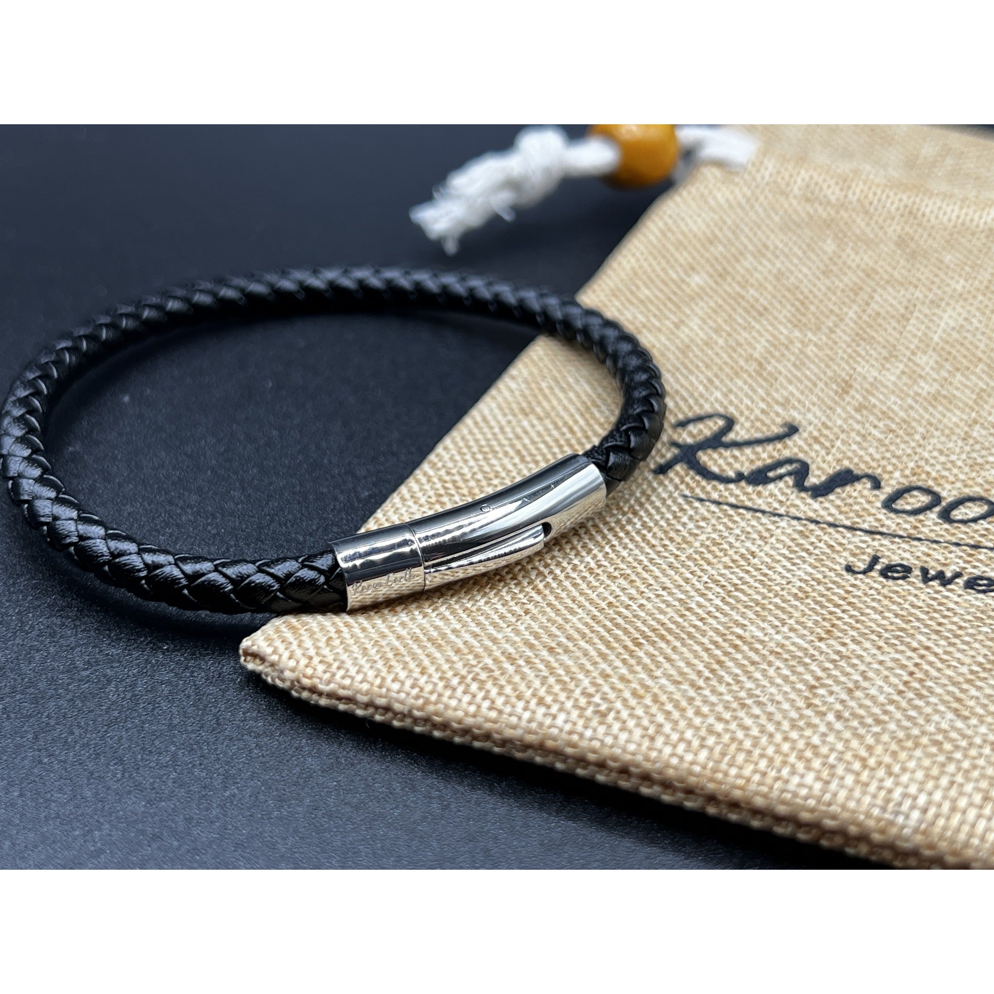Braided Black Leather Single Bracelet With Stainless Steel Clasp - Karoo Earth