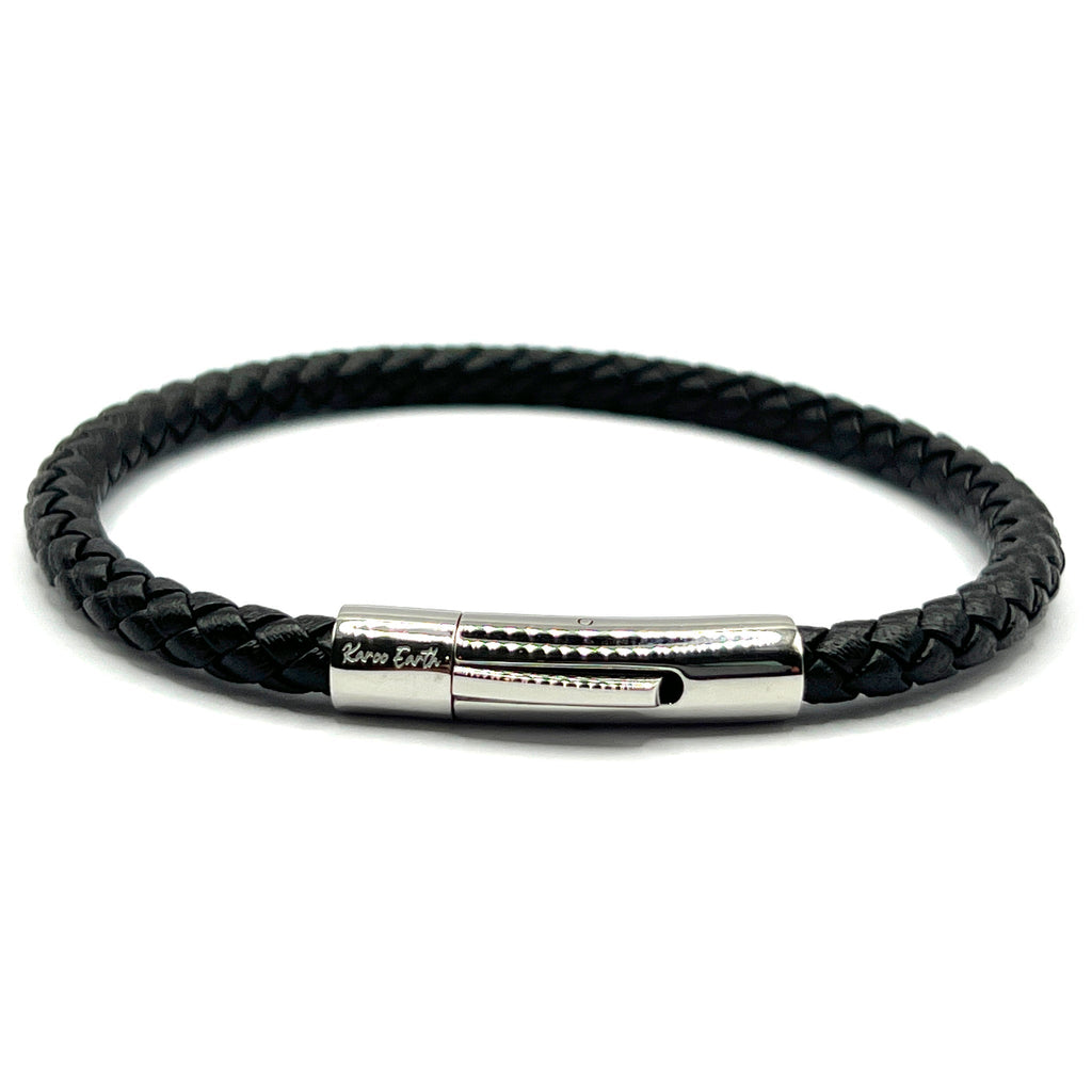 Braided Black Leather Single Bracelet With Stainless Steel Clasp - Karoo Earth