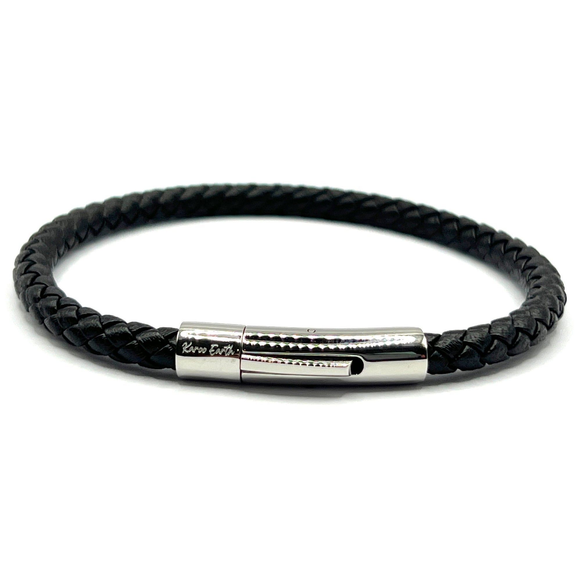 Braided Black Leather Single Bracelet With Stainless Steel Clasp - Karoo Earth