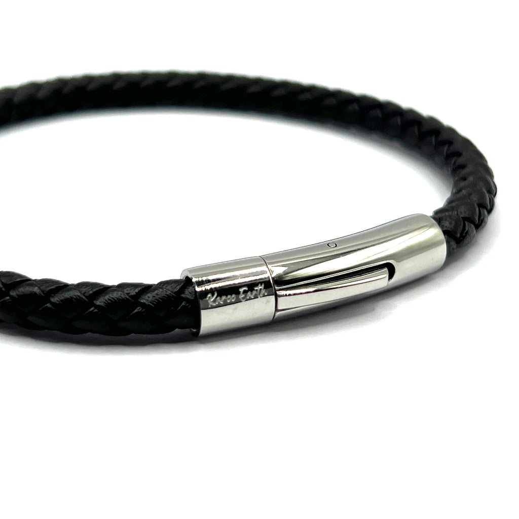 Braided Black Leather Single Bracelet With Stainless Steel Clasp - Karoo Earth