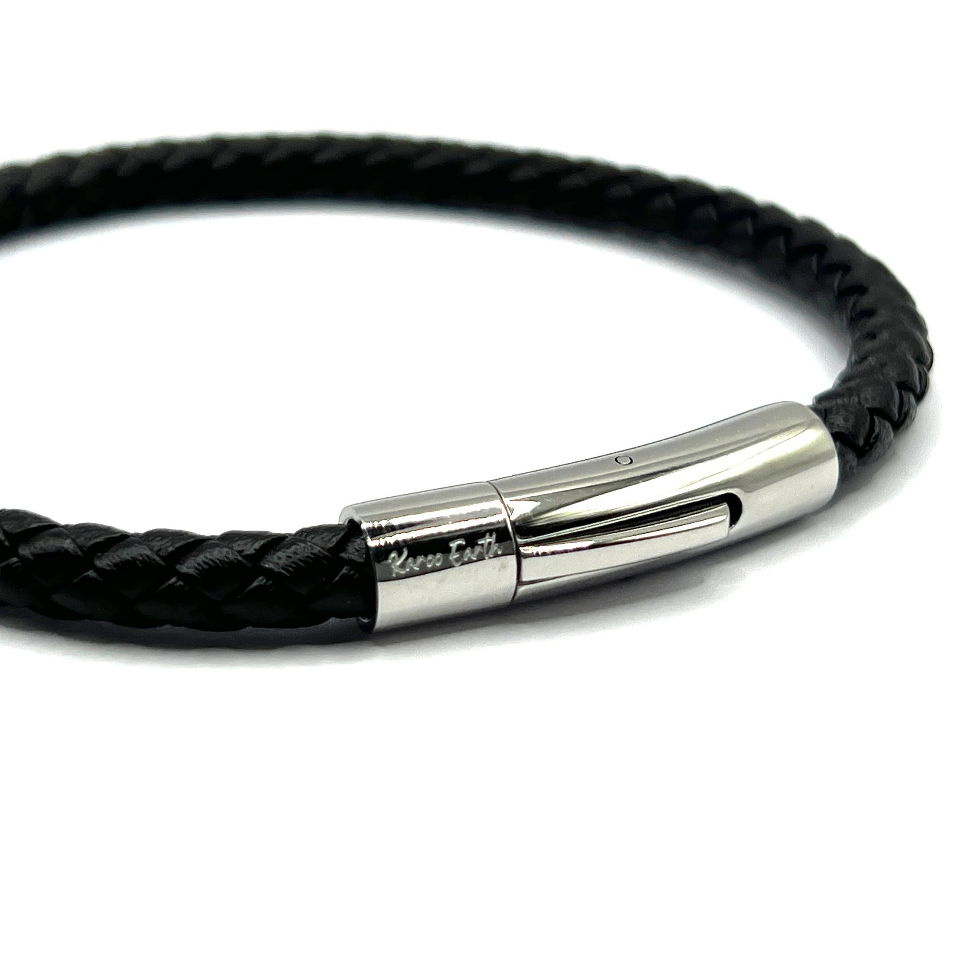 Braided Black Leather Single Bracelet With Stainless Steel Clasp - Karoo Earth
