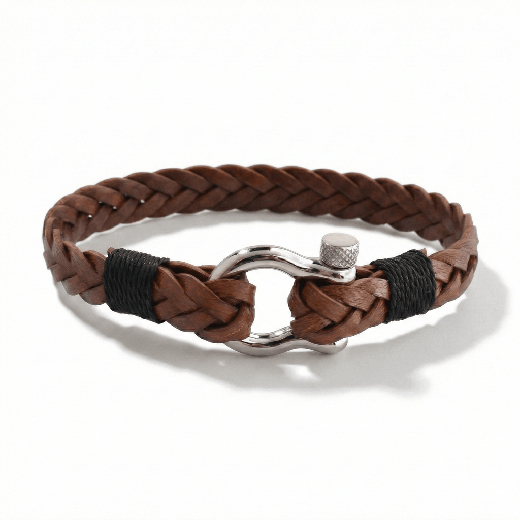Braided Brown Leather Horseshoe Shackle Bracelet - Karoo Earth