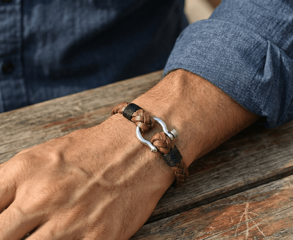 Braided Brown Leather Horseshoe Shackle Bracelet - Karoo Earth