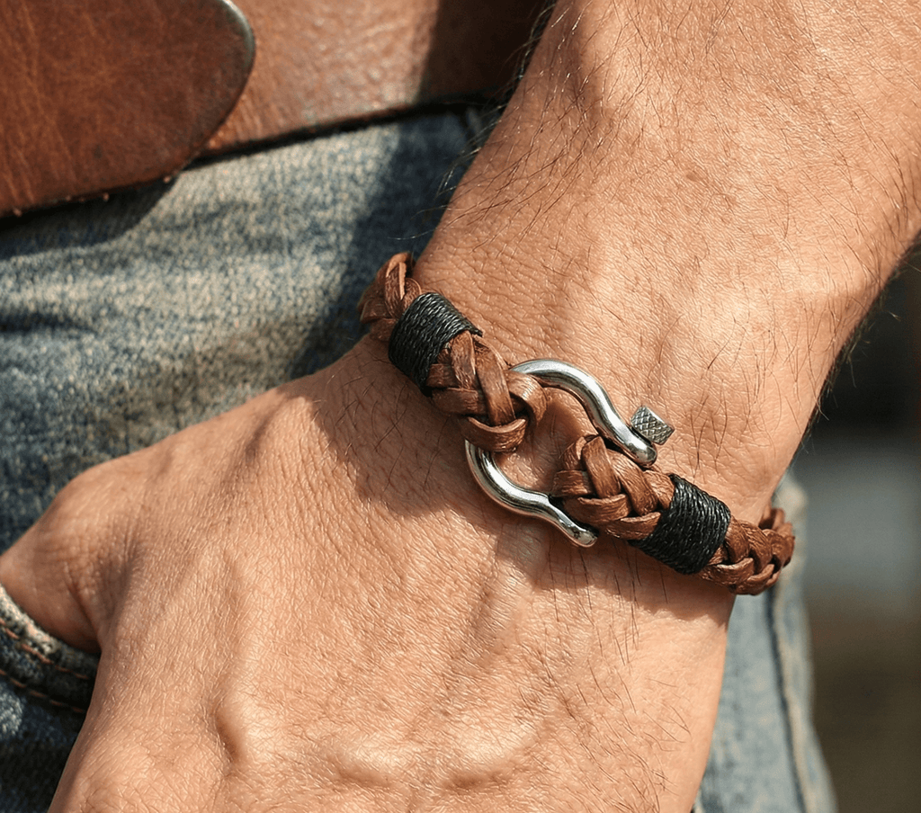 Braided Brown Leather Horseshoe Shackle Bracelet - Karoo Earth