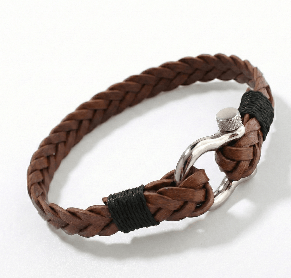 Braided Brown Leather Horseshoe Shackle Bracelet - Karoo Earth
