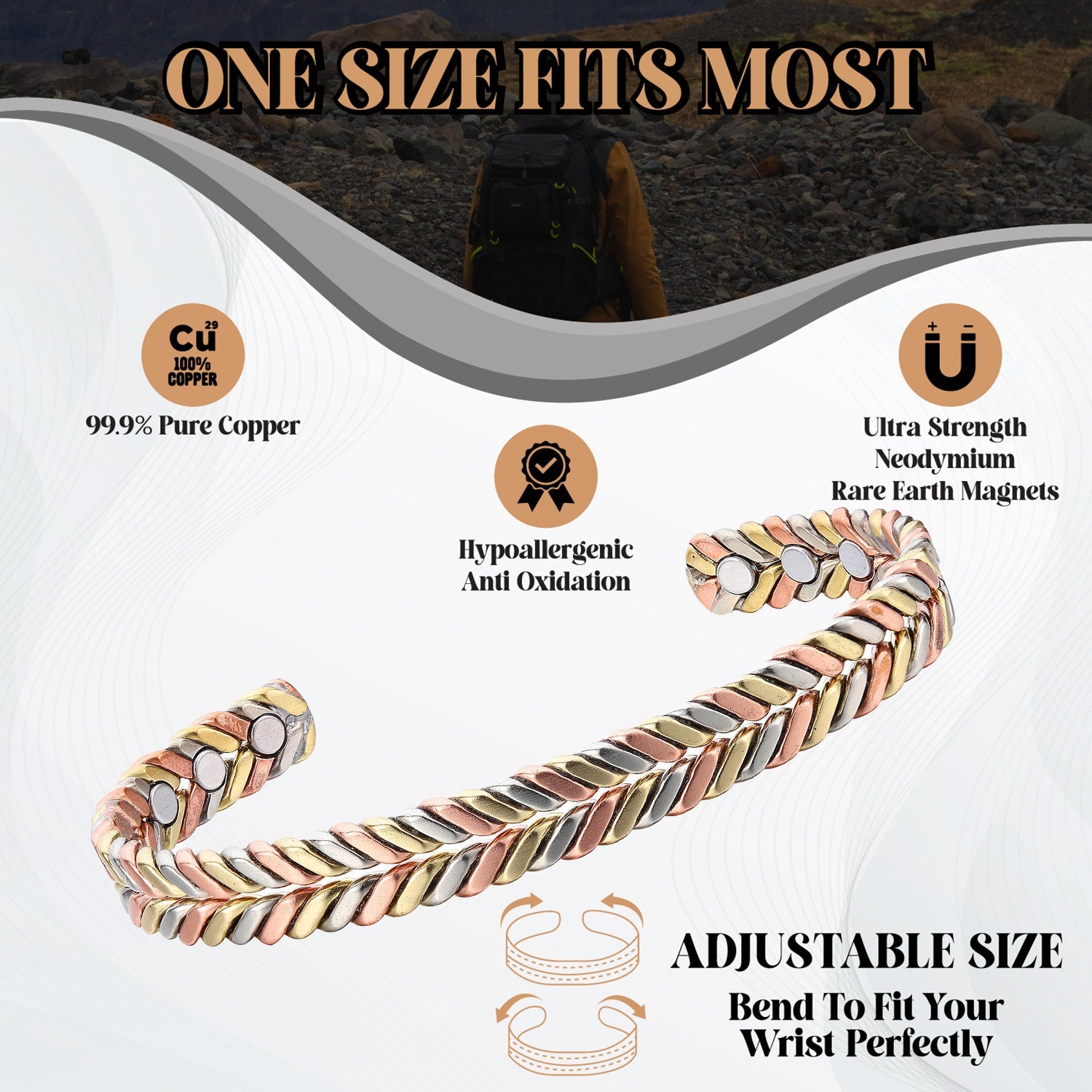 Copper Herringbone Bracelet with 6 Ultra Strength Magnets - Karoo Earth