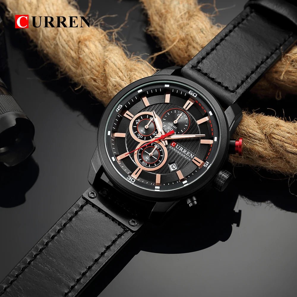CURREN 8291 Men’s Luxury Chronograph Watch - Black - With Premium Leather Box - Karoo Earth
