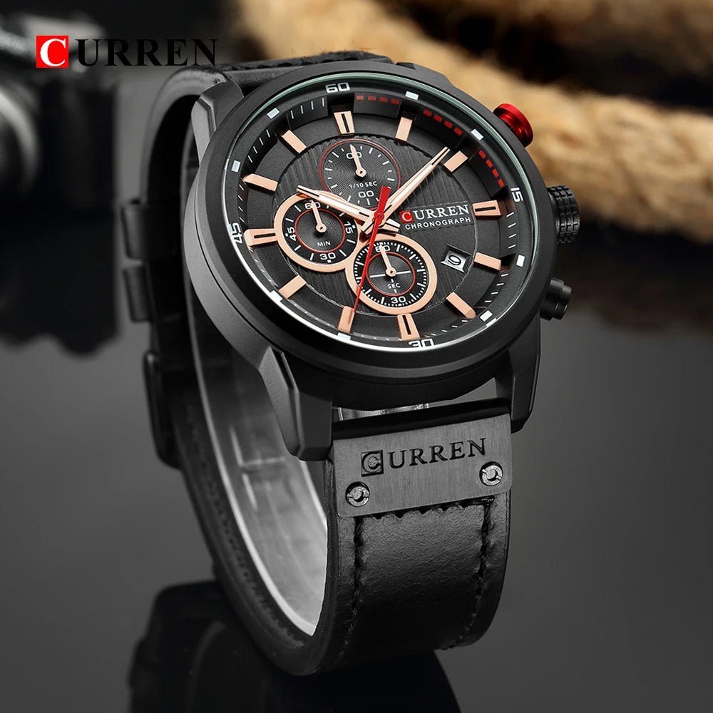 CURREN 8291 Men’s Luxury Chronograph Watch - Black - With Premium Leather Box - Karoo Earth