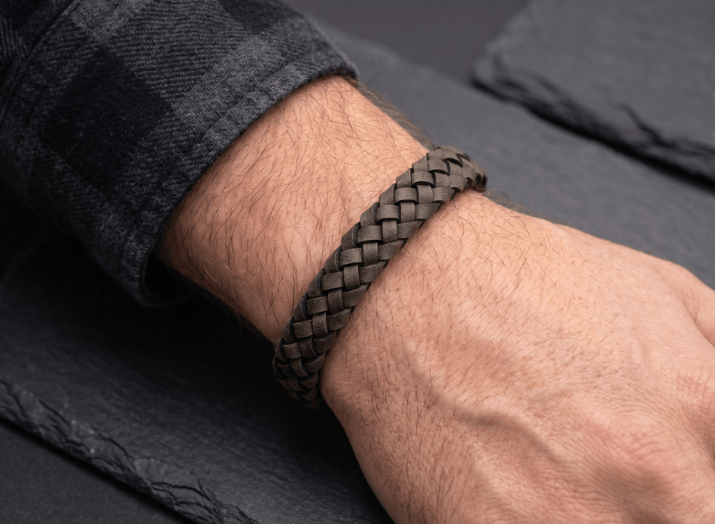 Dark Beige Braided Italian Leather Bracelet with Stainless Steel Magnetic Clasp + Extender Link - Karoo Earth