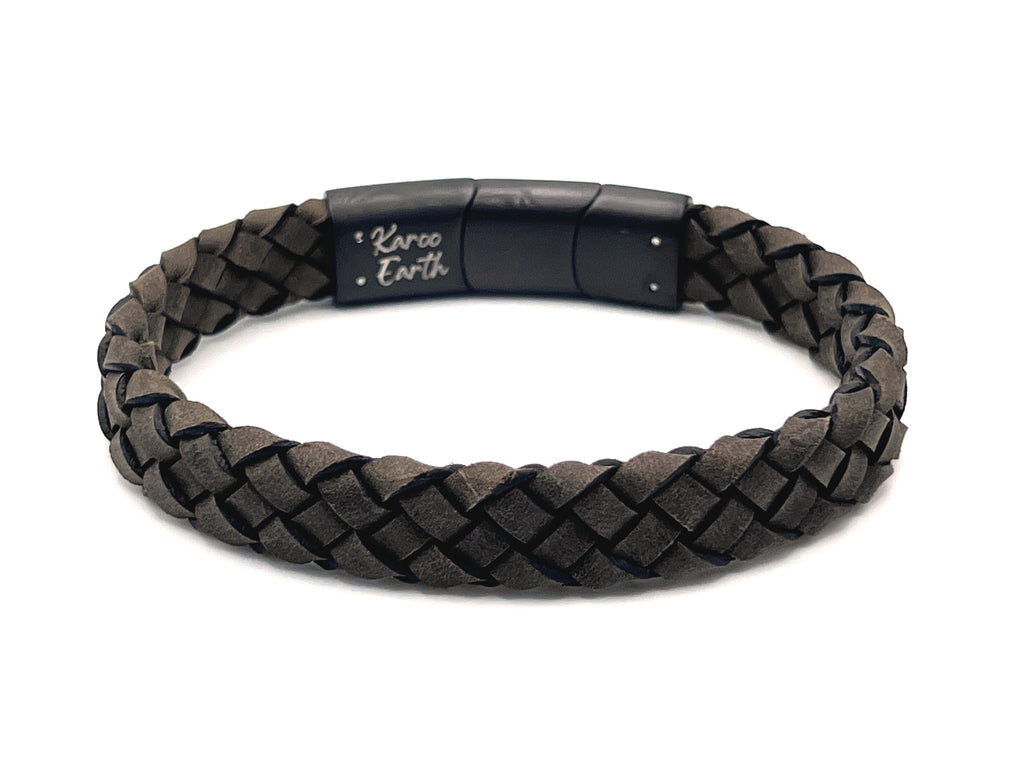 Dark Beige Braided Italian Leather Bracelet with Stainless Steel Magnetic Clasp + Extender Link - Karoo Earth