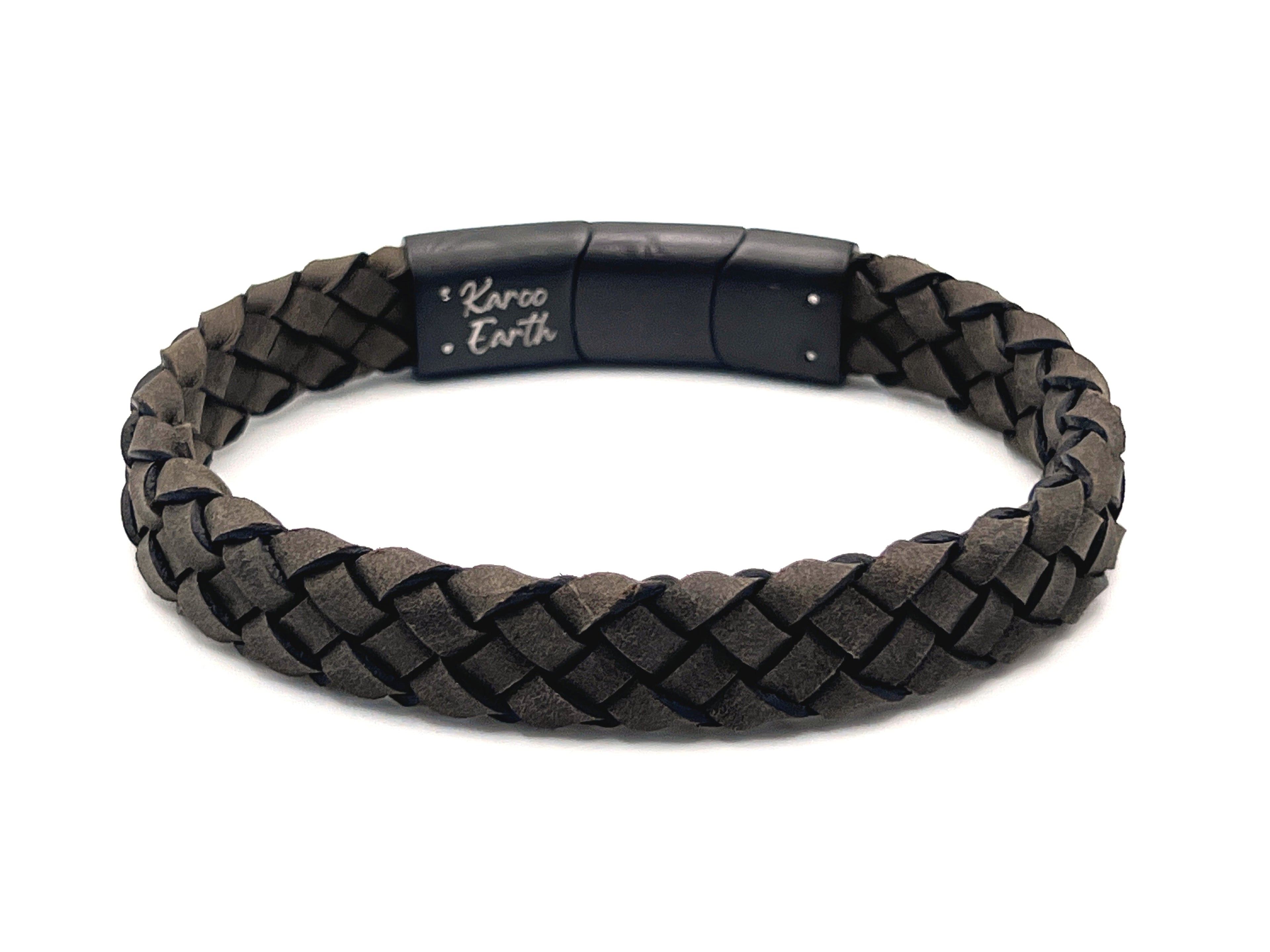Dark Beige Braided Italian Leather Bracelet with Stainless Steel Magnetic Clasp + Extender Link - Karoo Earth