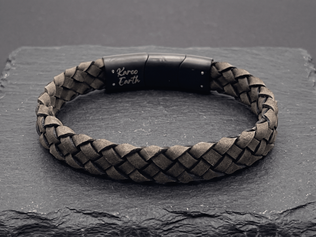 Dark Beige Braided Italian Leather Bracelet with Stainless Steel Magnetic Clasp + Extender Link - Karoo Earth