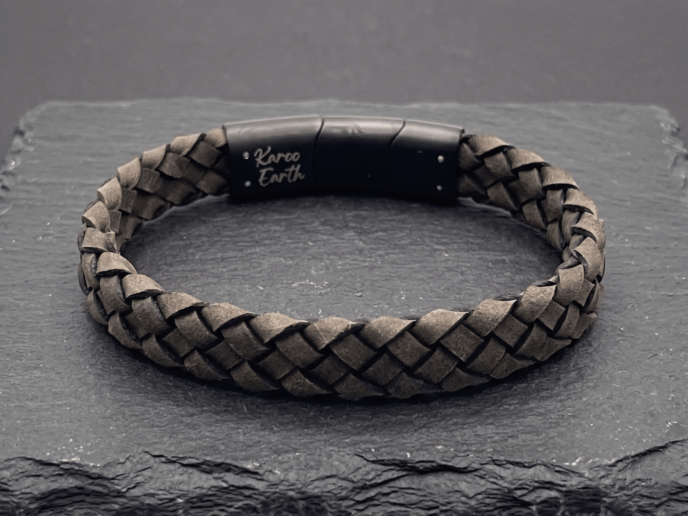 Dark Beige Braided Italian Leather Bracelet with Stainless Steel Magnetic Clasp + Extender Link - Karoo Earth