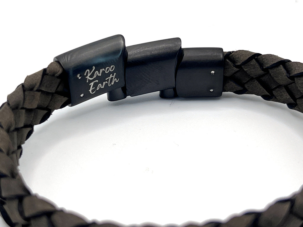 Dark Beige Braided Italian Leather Bracelet with Stainless Steel Magnetic Clasp + Extender Link - Karoo Earth