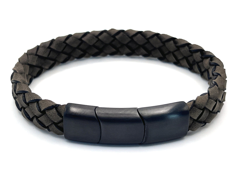 Dark Beige Braided Italian Leather Bracelet with Stainless Steel Magnetic Clasp + Extender Link - Karoo Earth
