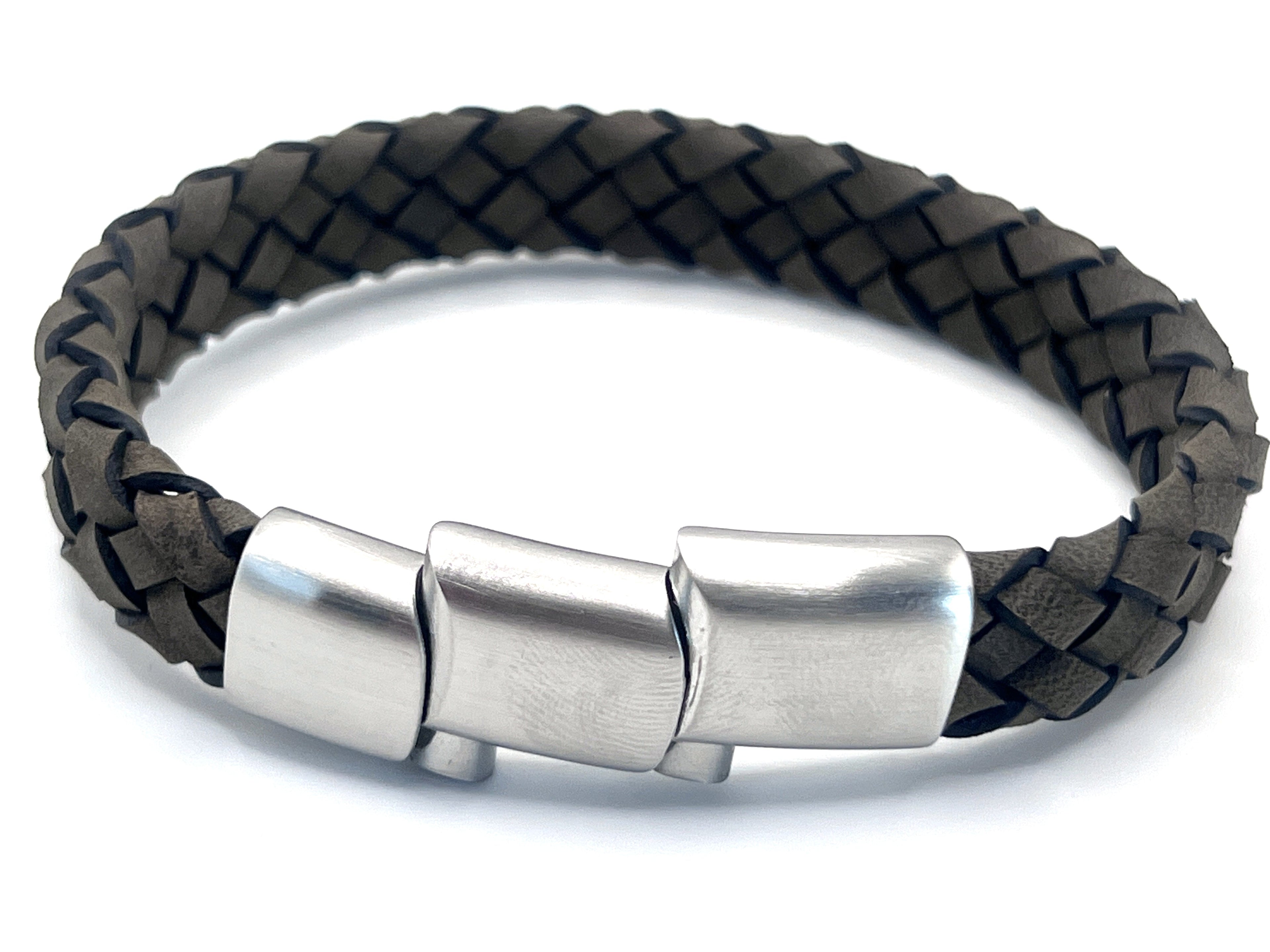 Dark Beige Braided Italian Leather Bracelet with Stainless Steel Magnetic Clasp + Extender Link - Karoo Earth