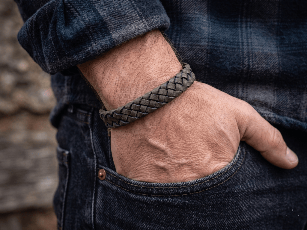 Dark Beige Braided Italian Leather Bracelet with Stainless Steel Magnetic Clasp + Extender Link - Karoo Earth