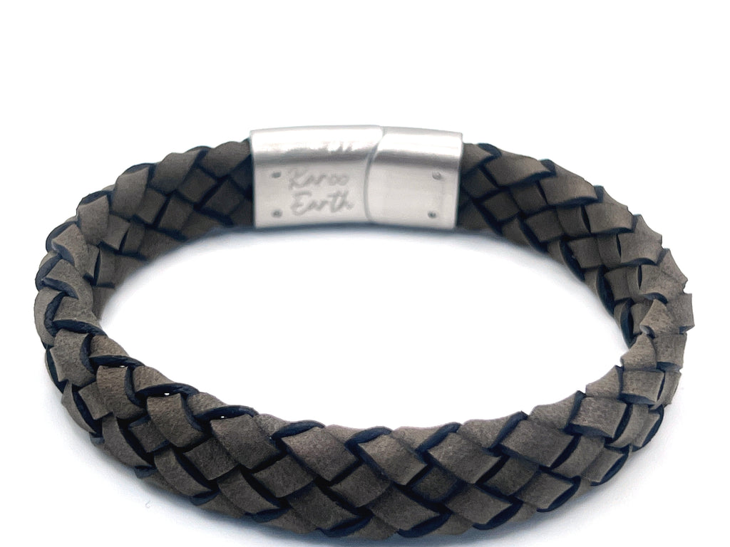 Dark Beige Braided Italian Leather Bracelet with Stainless Steel Magnetic Clasp + Extender Link - Karoo Earth