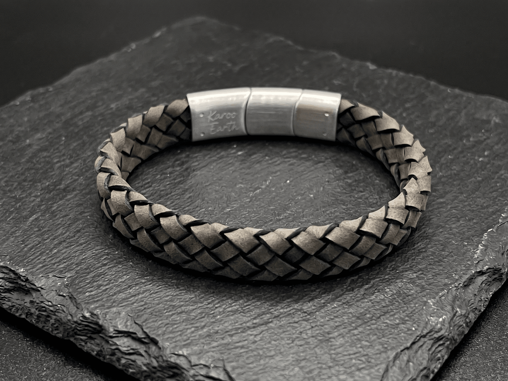 Dark Beige Braided Italian Leather Bracelet with Stainless Steel Magnetic Clasp + Extender Link - Karoo Earth