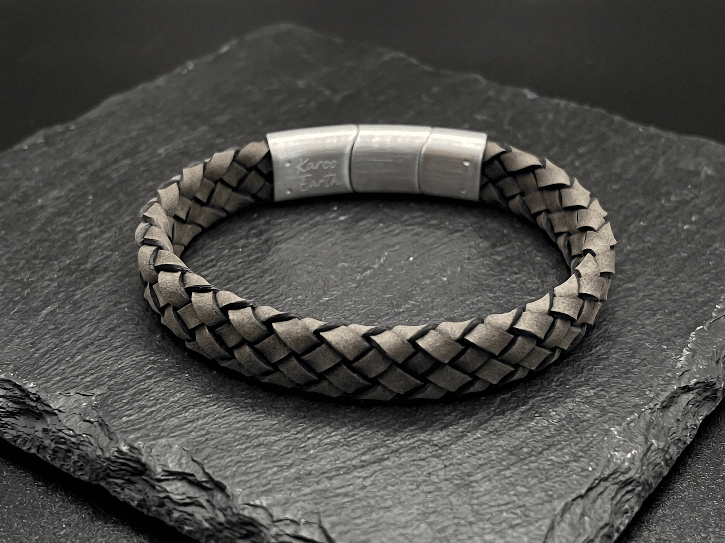 Dark Beige Braided Italian Leather Bracelet with Stainless Steel Magnetic Clasp + Extender Link - Karoo Earth
