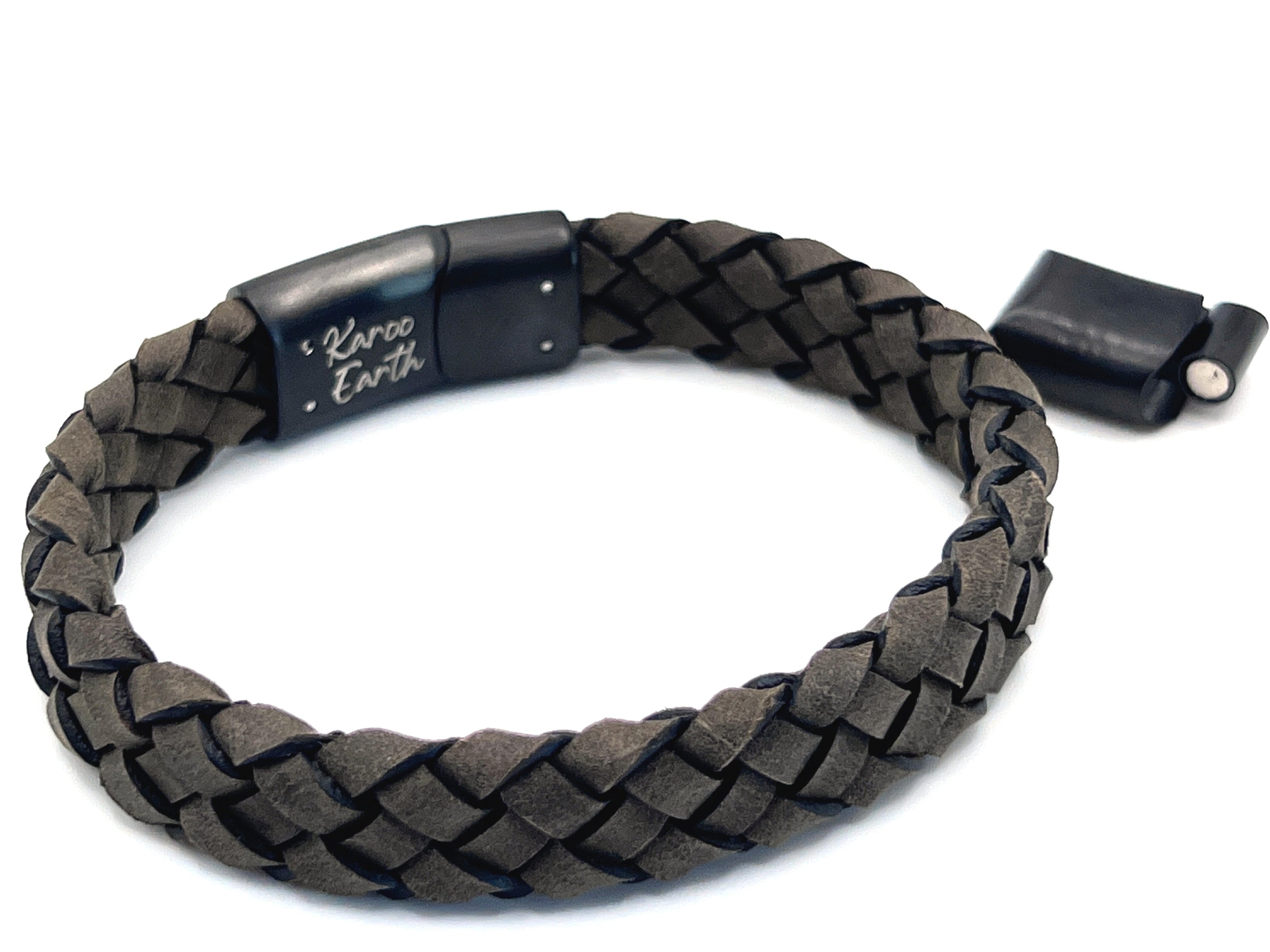 Dark Beige Braided Italian Leather Bracelet with Stainless Steel Magnetic Clasp + Extender Link - Karoo Earth