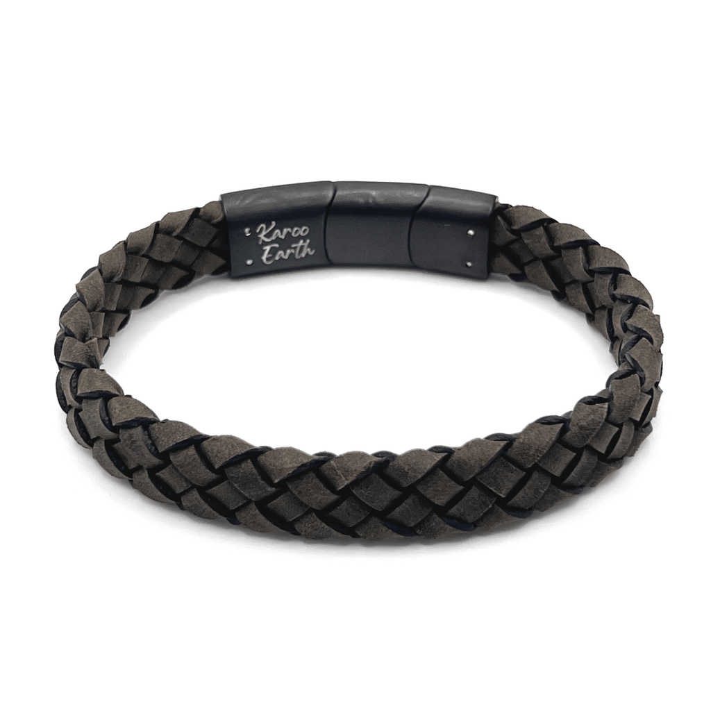 Dark Beige Braided Italian Leather Bracelet with Stainless Steel Magnetic Clasp + Extender Link - Karoo Earth