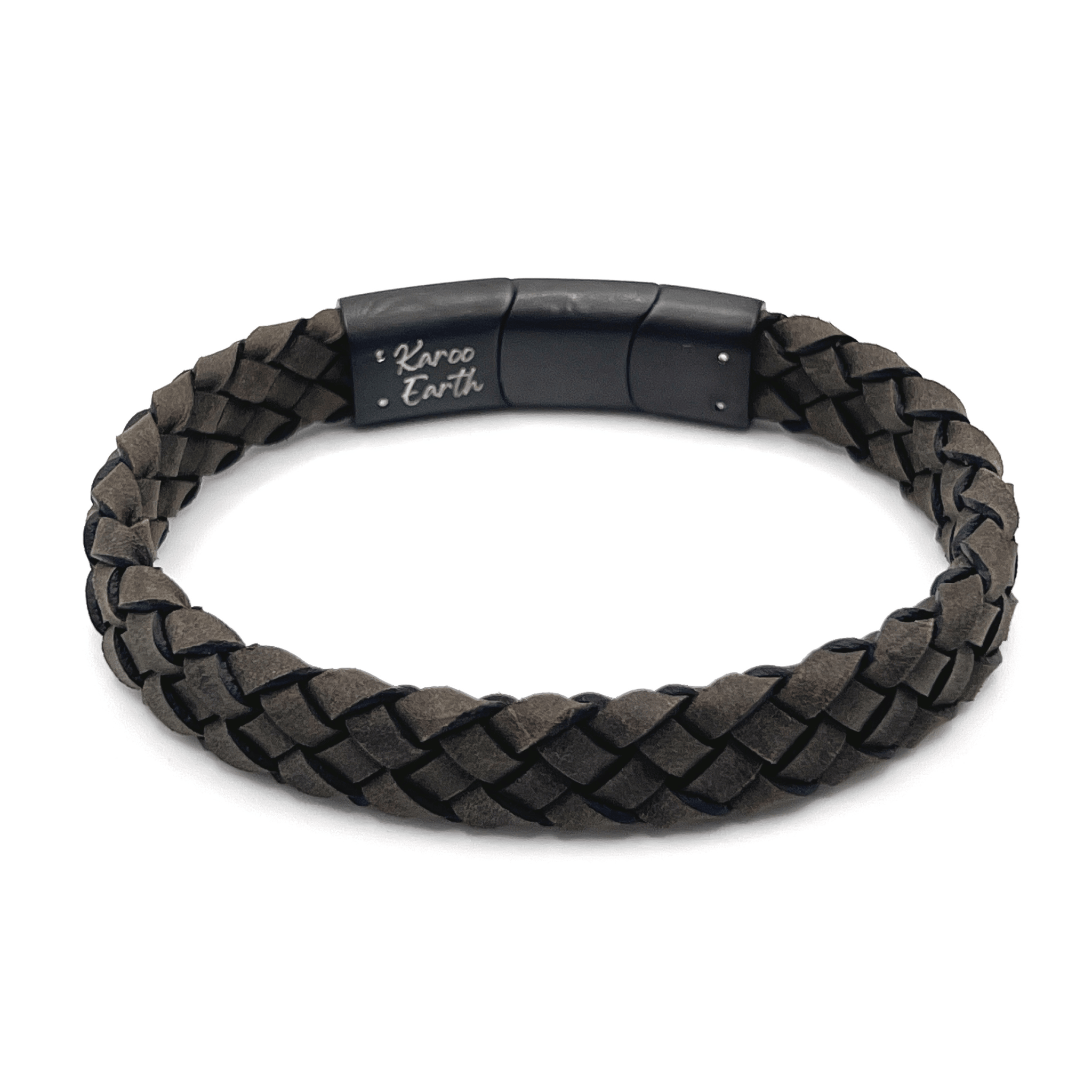 Dark Beige Braided Italian Leather Bracelet with Stainless Steel Magnetic Clasp + Extender Link - Karoo Earth