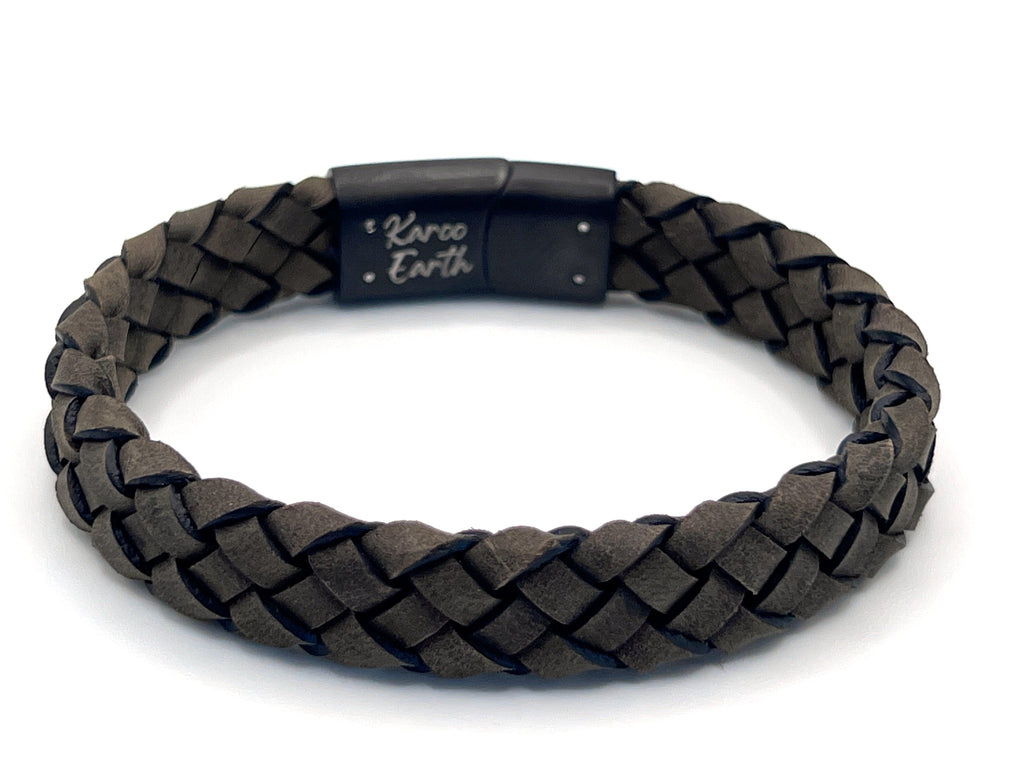 Dark Beige Braided Italian Leather Bracelet with Stainless Steel Magnetic Clasp + Extender Link - Karoo Earth