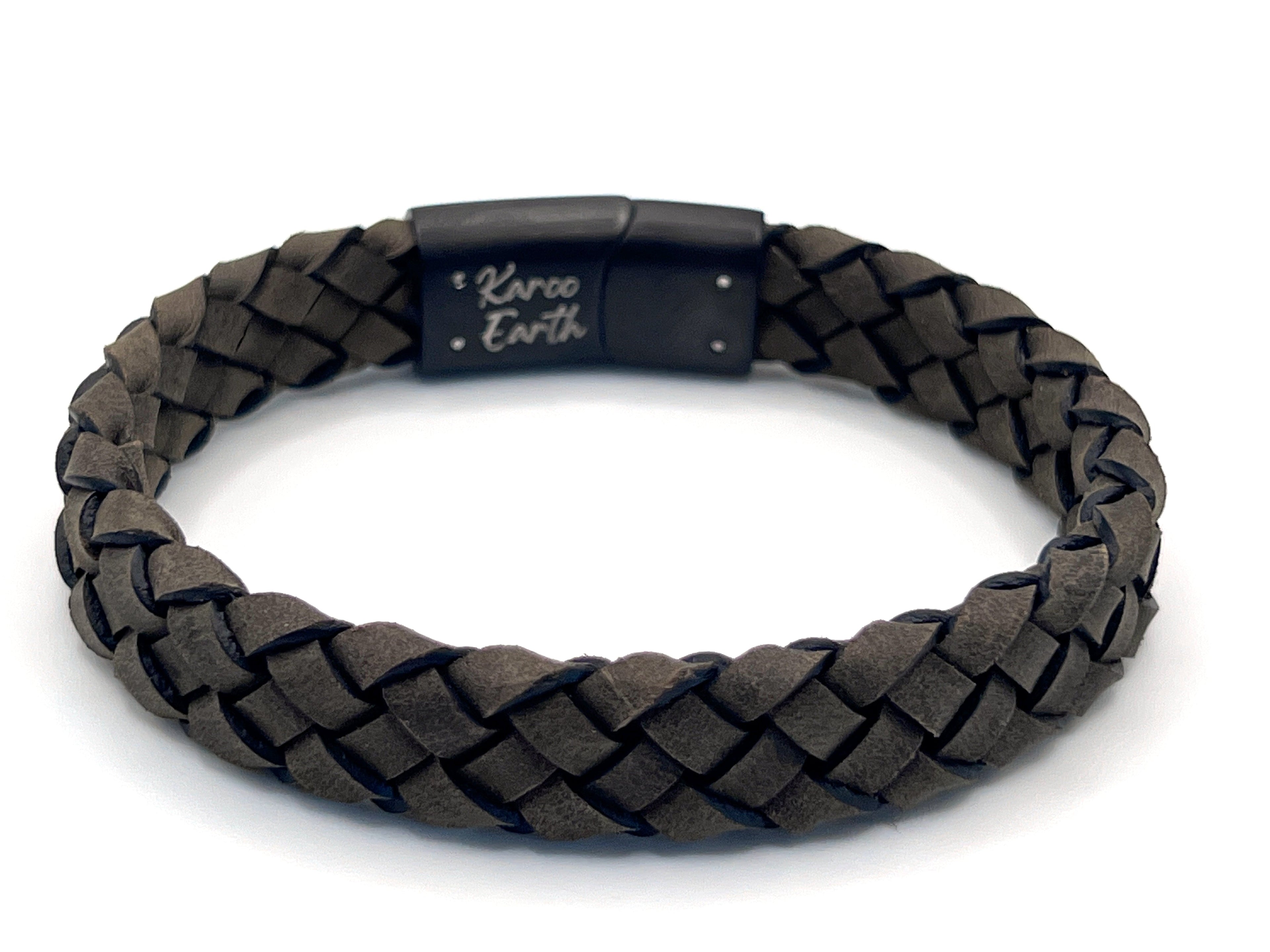Dark Beige Braided Italian Leather Bracelet with Stainless Steel Magnetic Clasp + Extender Link - Karoo Earth