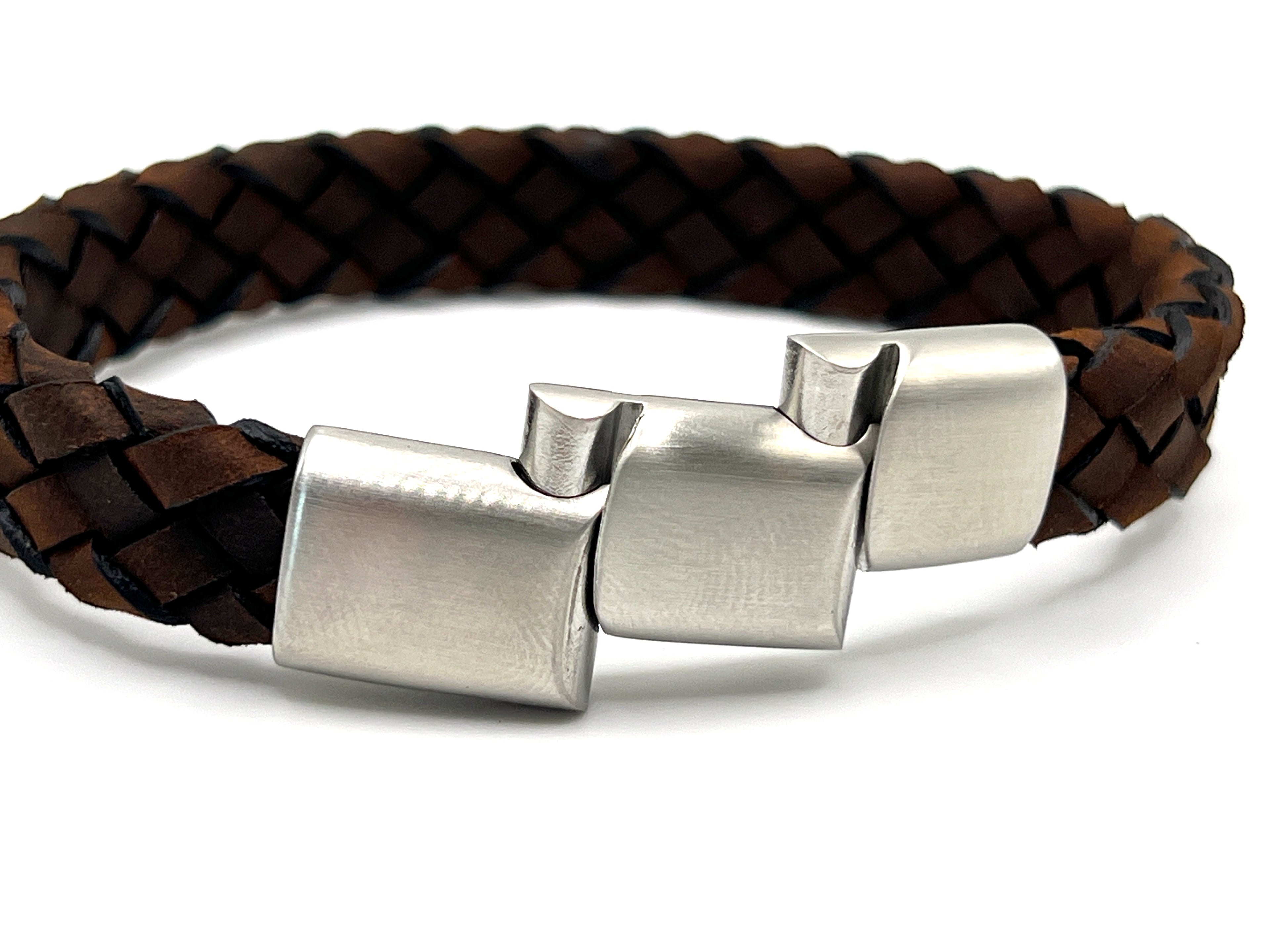 Dark Brown Braided Italian Leather Bracelet with Stainless Steel Magnetic Clasp + Extender Link - Karoo Earth