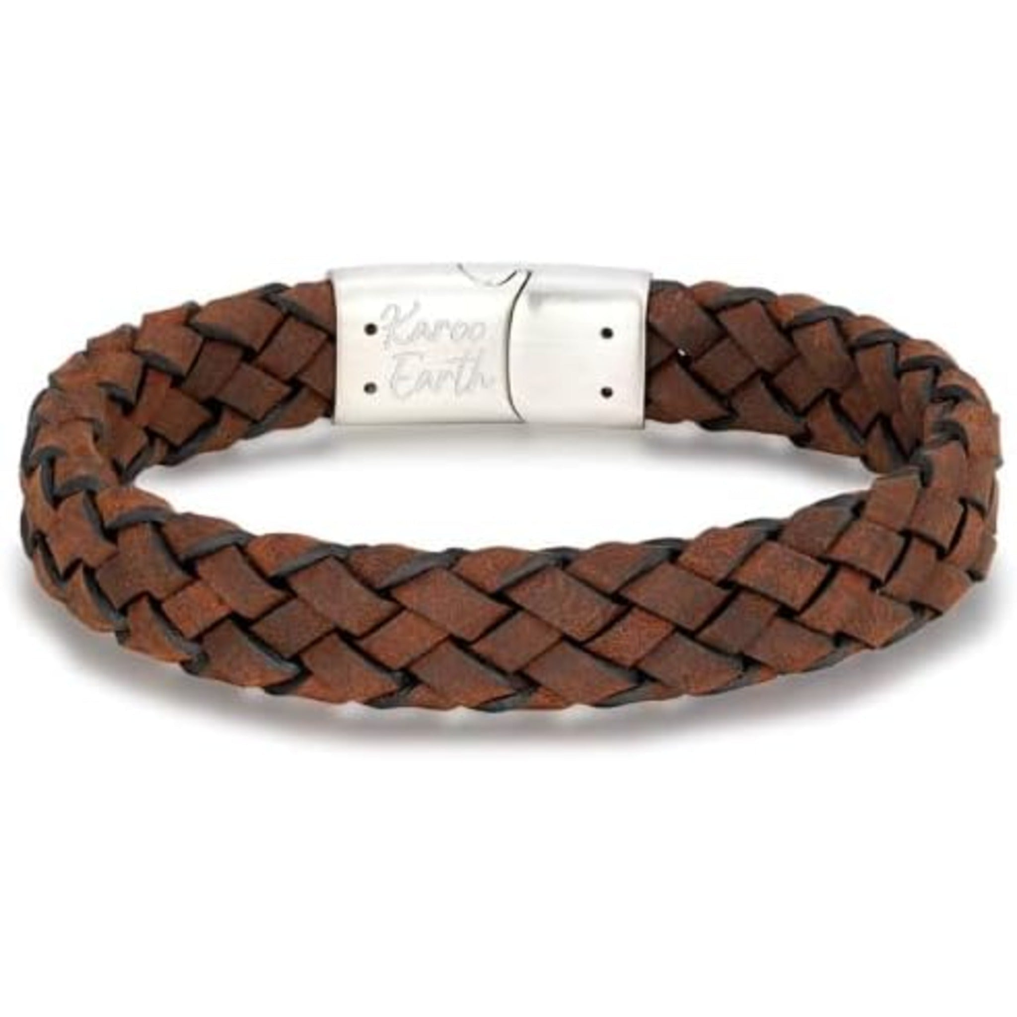 Dark Brown Braided Italian Leather Bracelet with Stainless Steel Magnetic Clasp + Extender Link - Karoo Earth