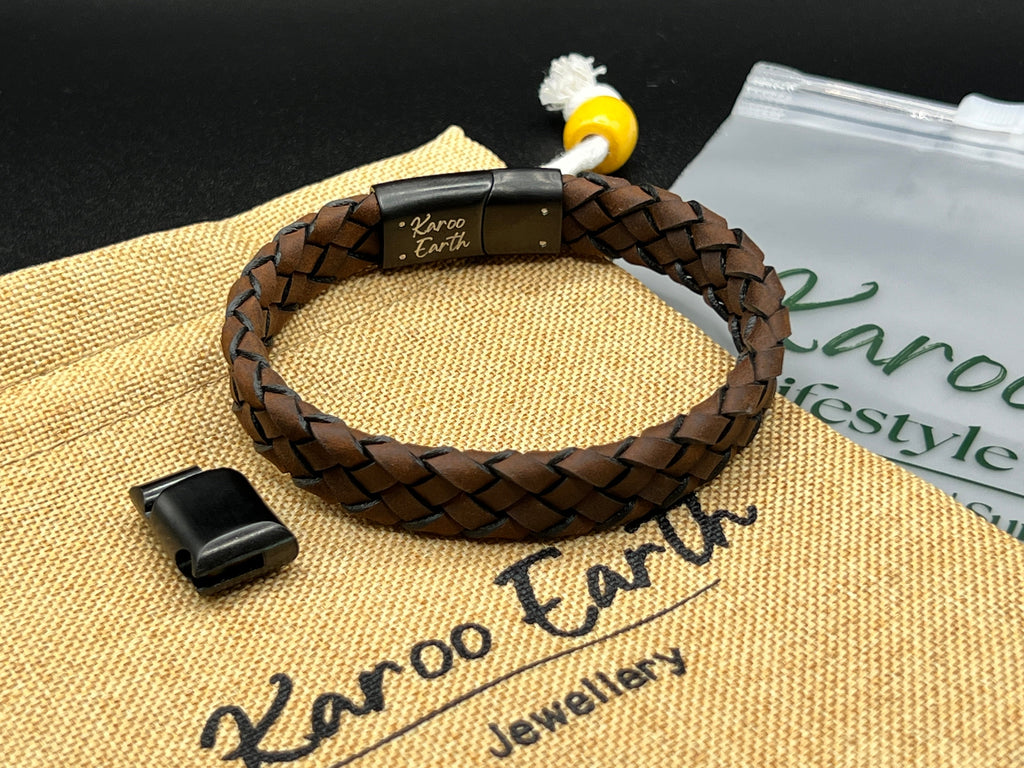 Dark Brown Braided Italian Leather Bracelet with Stainless Steel Magnetic Clasp + Extender Link - Karoo Earth