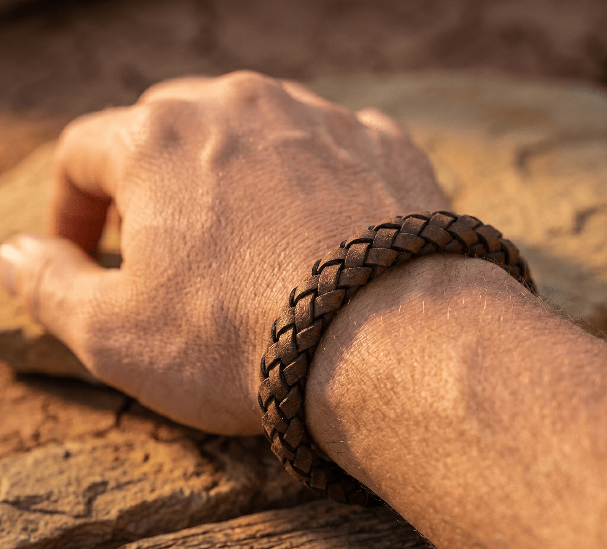 Dark Brown Braided Italian Leather Bracelet with Stainless Steel Magnetic Clasp + Extender Link - Karoo Earth