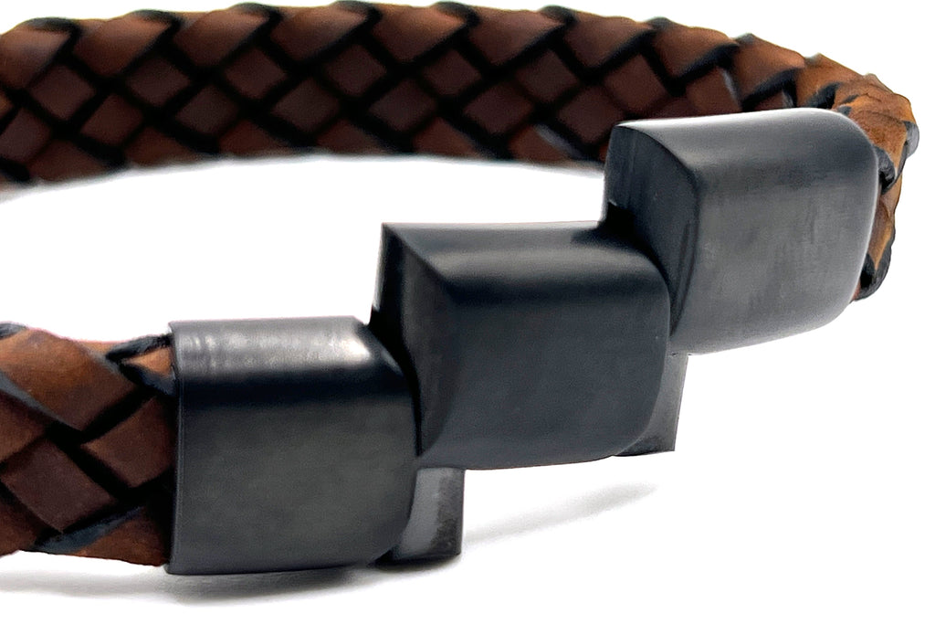 Dark Brown Braided Italian Leather Bracelet with Stainless Steel Magnetic Clasp + Extender Link - Karoo Earth