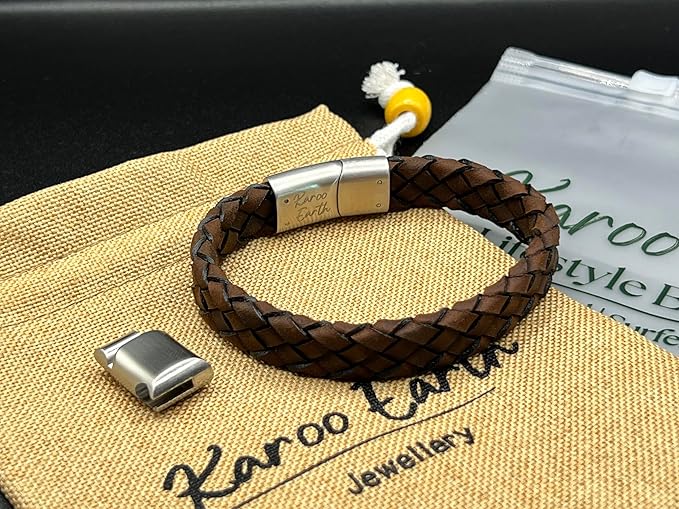 Dark Brown Braided Italian Leather Bracelet with Stainless Steel Magnetic Clasp + Extender Link - Karoo Earth