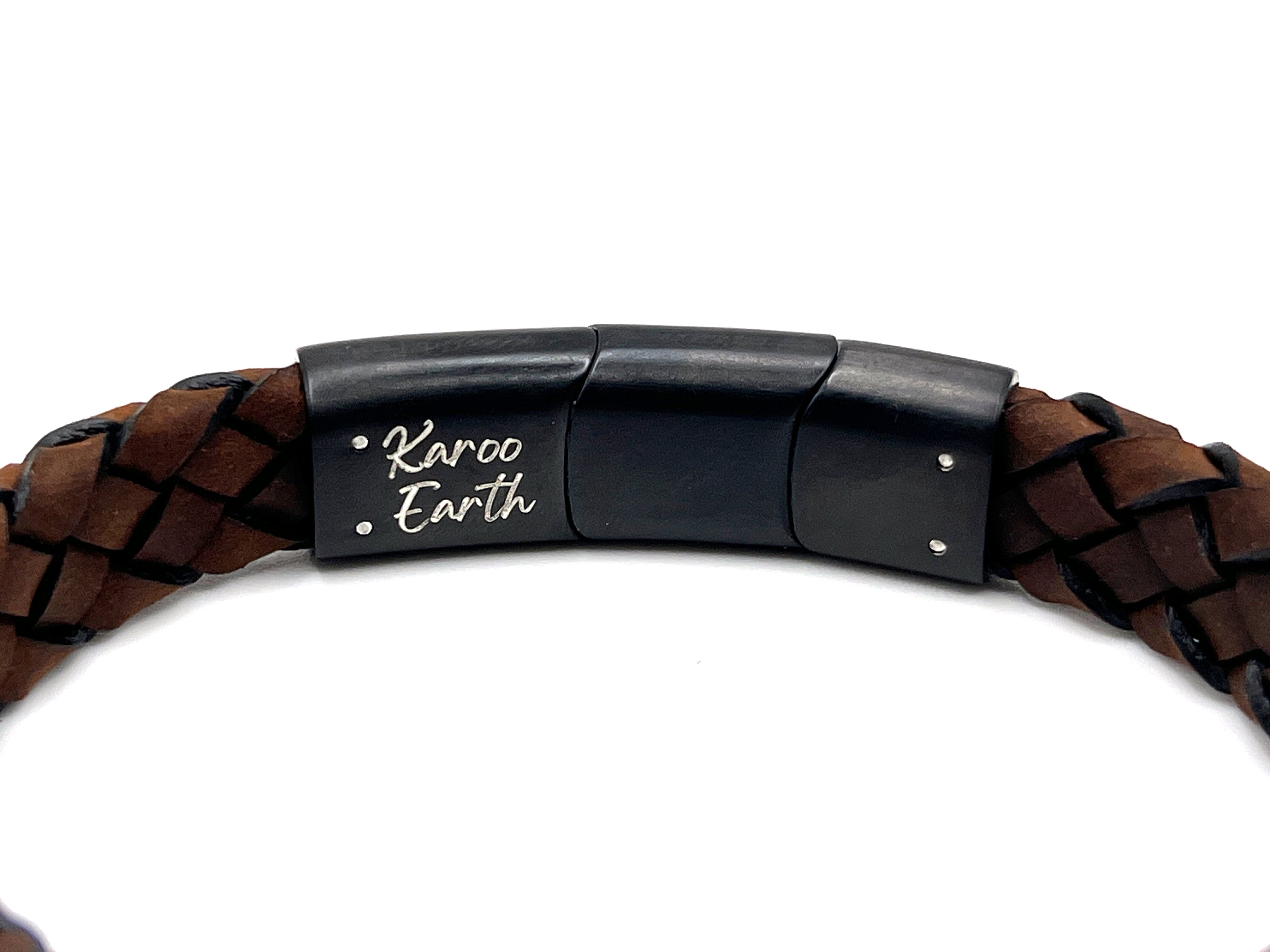 Dark Brown Braided Italian Leather Bracelet with Stainless Steel Magnetic Clasp + Extender Link - Karoo Earth